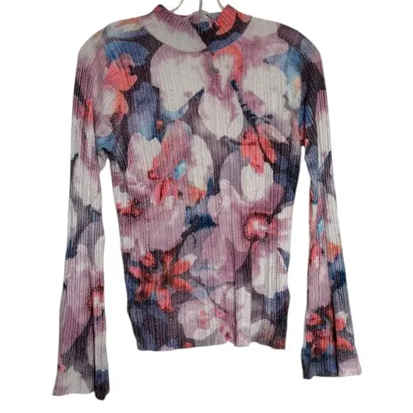 Anthropologie Pilcro Purple Floral Ribbed Velvet Shirt Women's M Mock Neck NEW - Picture 2 of 7